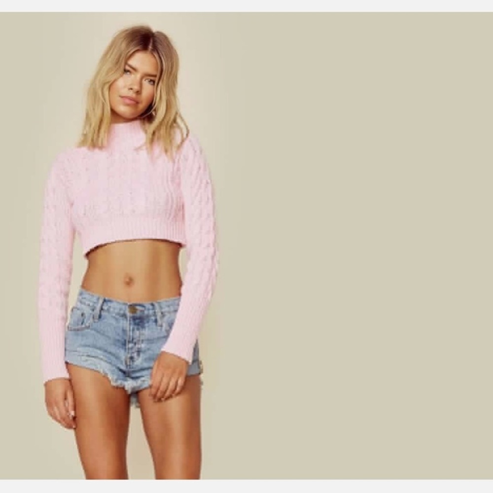 For love and lemons pink Cropped Cotton Cable-knit turtleneck sweater